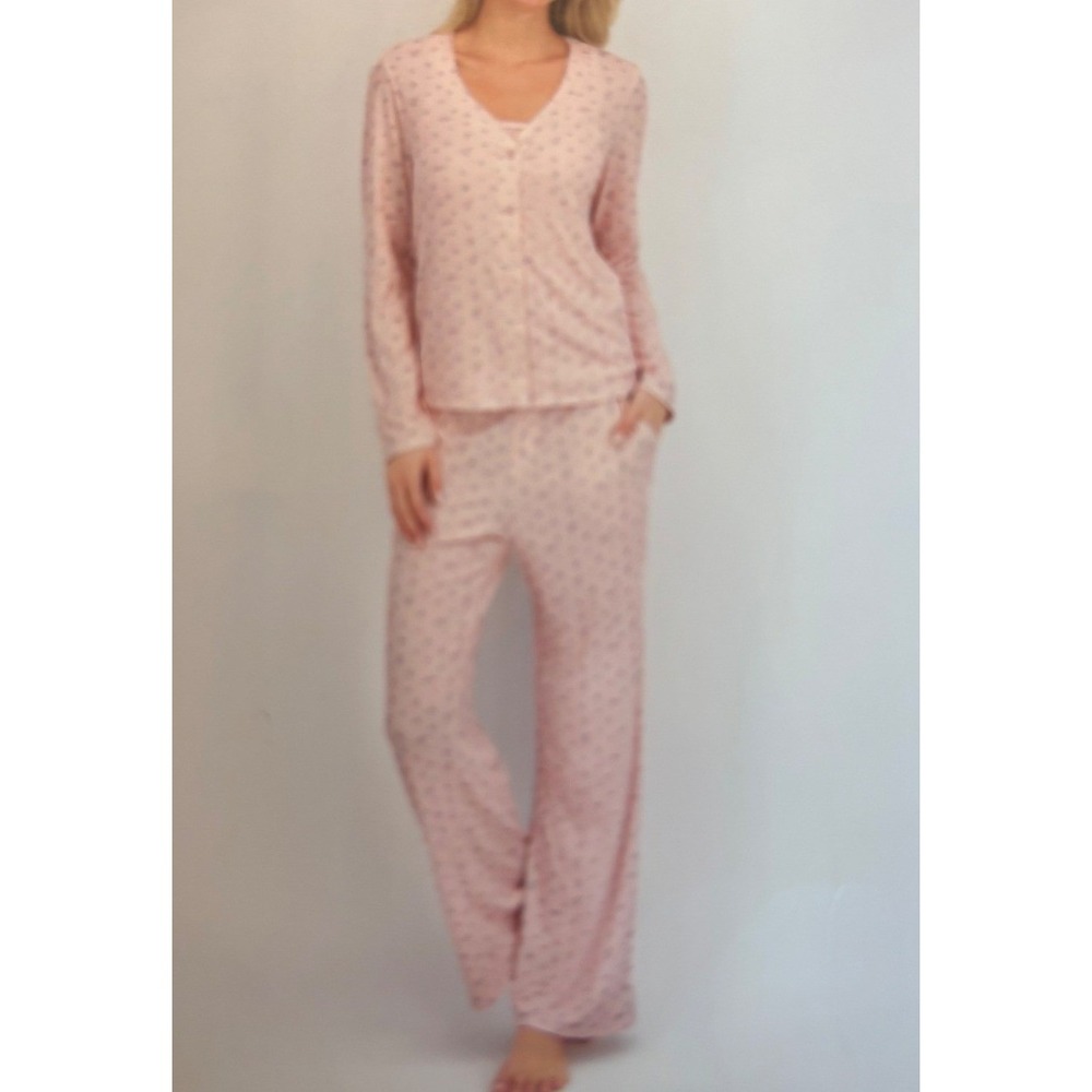 Live 2 Lounge 3 Piece Pajama Set Womens Large Pink Floral Cardigan Tank Pants
